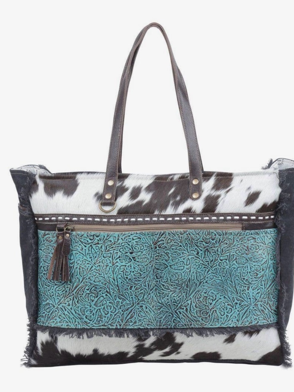 Turquoise Tooled Leather & Cowhide Tote Bag